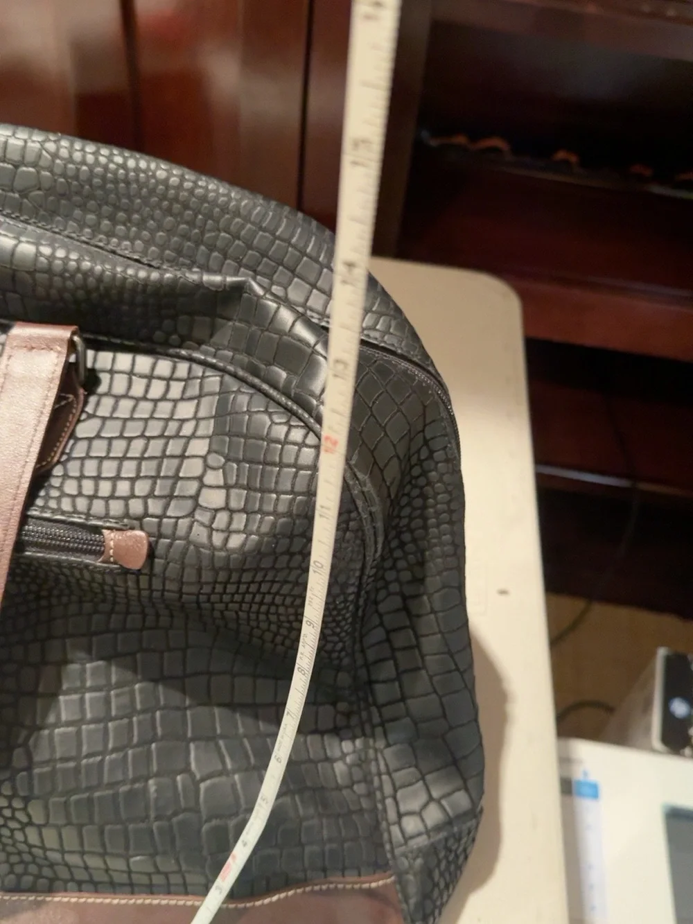 BRIC’S Italy Croc Embossed Weekender Duffle Travel Bag Leather Trim Black Brown
